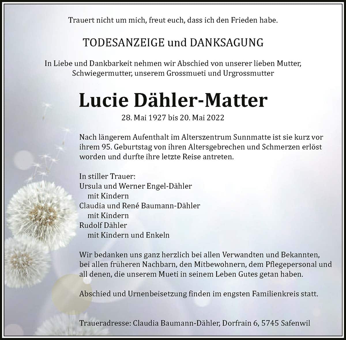 Todesanzeige Lucie Dähler-Matter 1927 | Der Landanzeiger