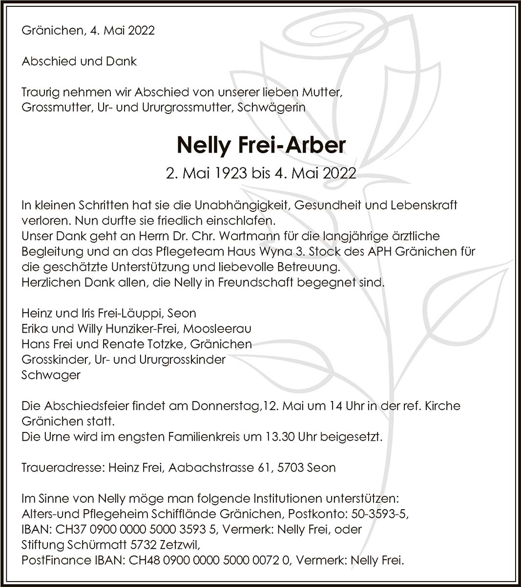 Todesanzeige Nelly Frei-Arber 1923 | Der Landanzeiger