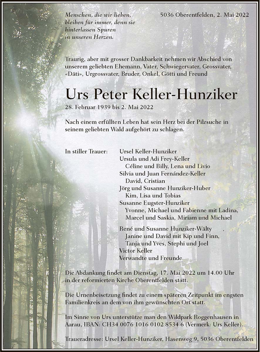 Todesanzeige Urs Peter Keller-Hunziker 1939 | Der Landanzeiger