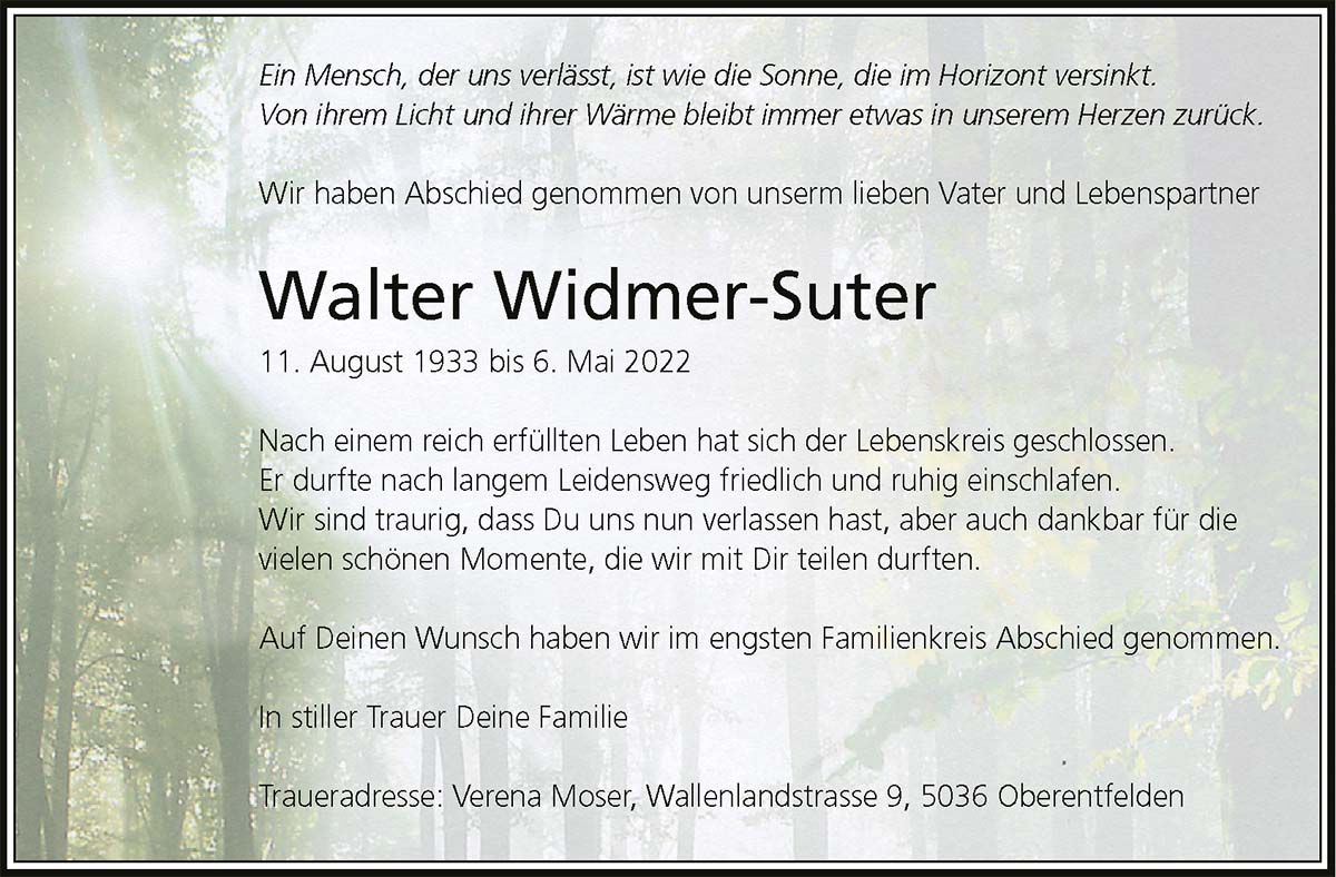 Todesanzeige Walter Widmer-Suter 1933 | Der Landanzeiger