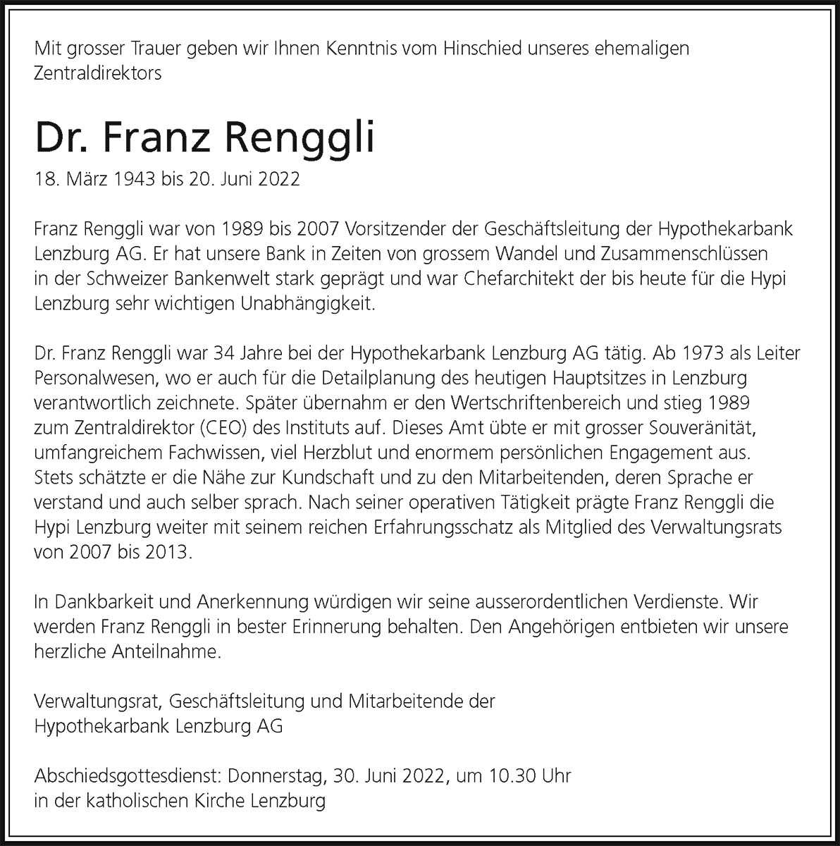 Todesanzeige Dr. Franz Renggli 1943 | Der Landanzeiger