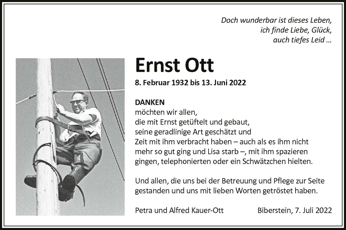 Todesanzeige Ernst Ott 1932 | Der Landanzeiger