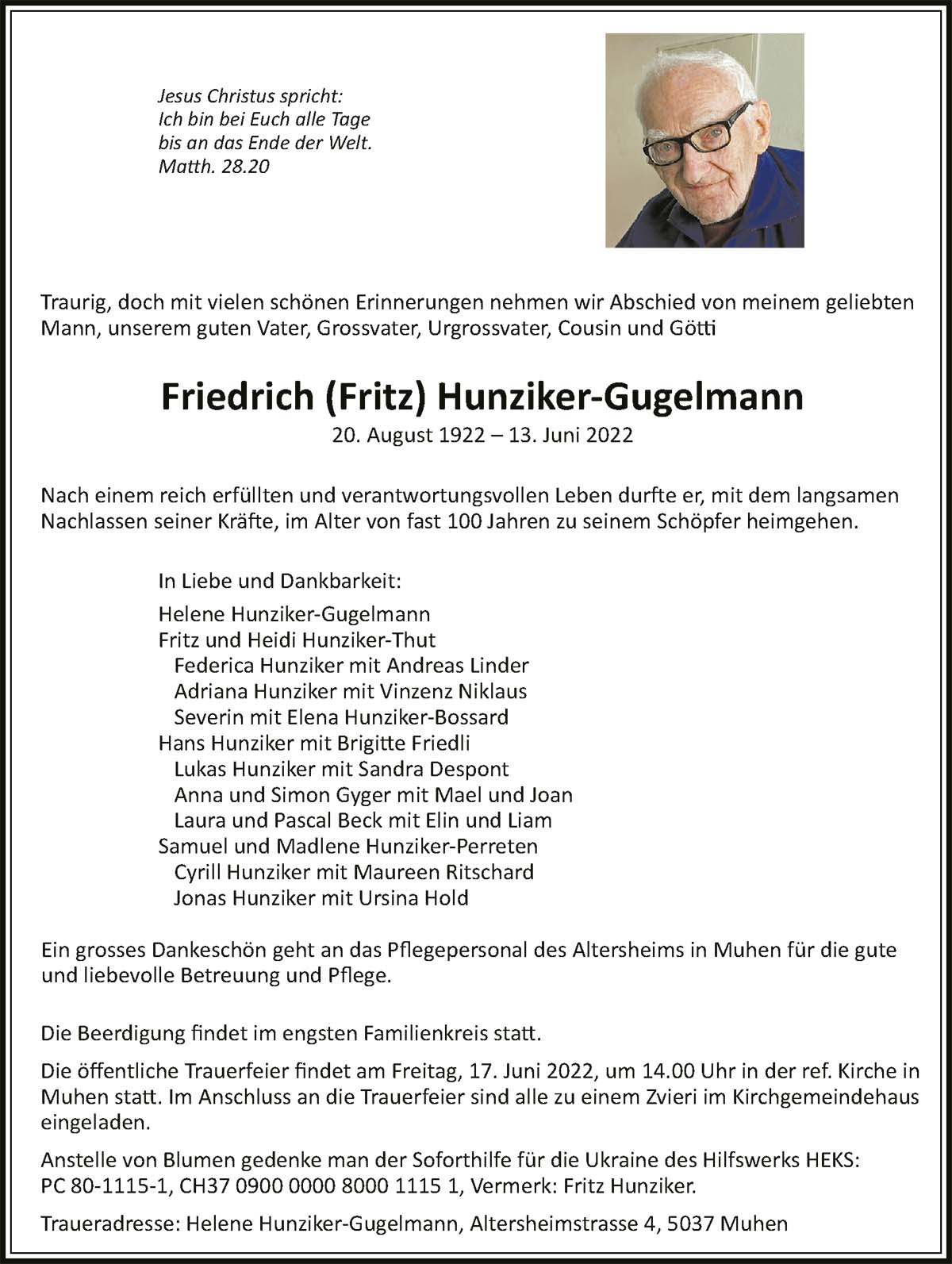 Todesanzeige Friedrich (Fritz) Hunziker-Gugelmann 1922 | Der Landanzeiger