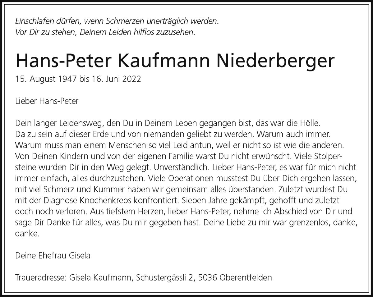 Todesanzeige Hans-Peter Kaufmann Niederberger 1947 | Der Landanzeiger