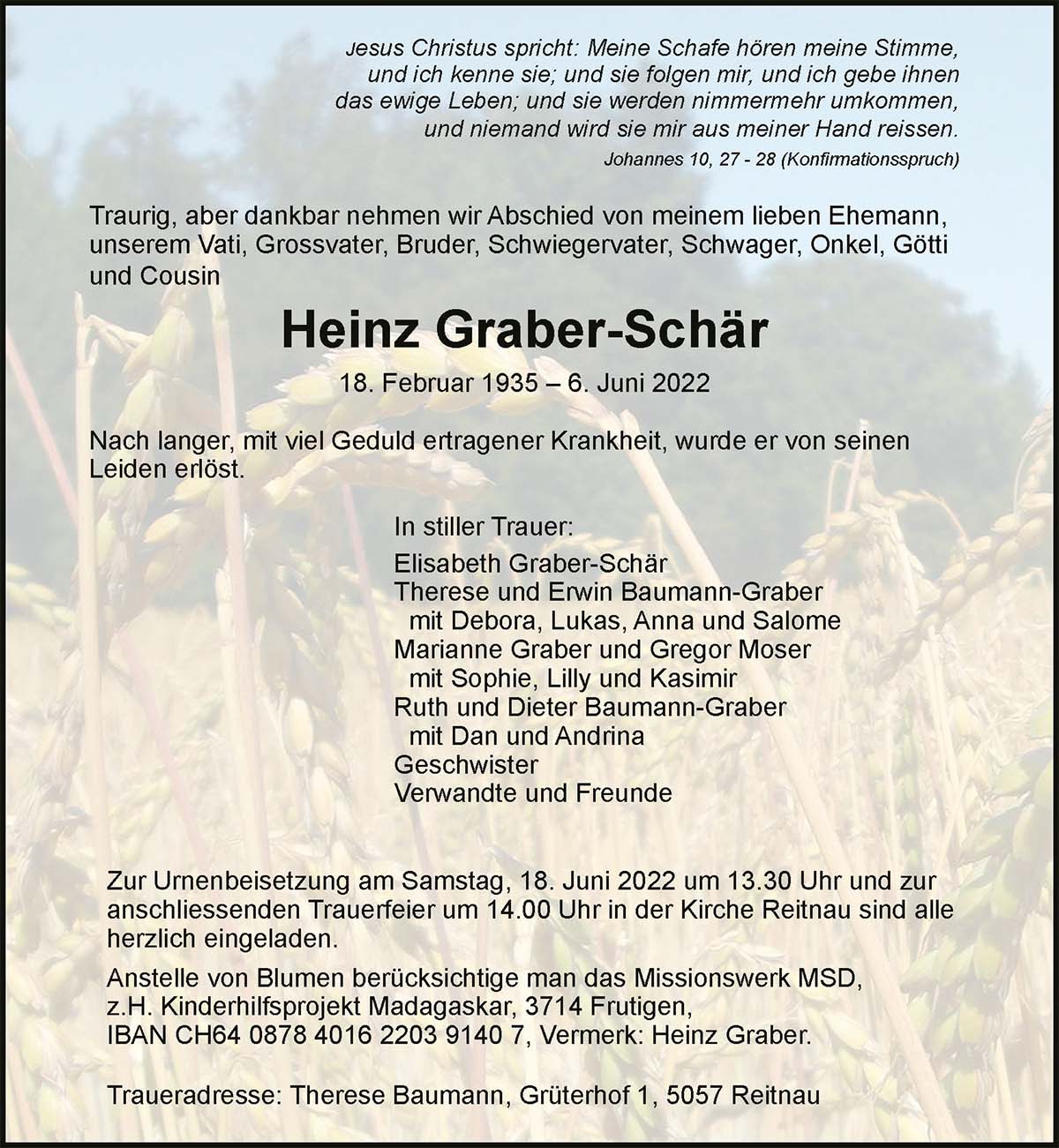 Todesanzeige Heinz Graber-Schär 1935 | Der Landanzeiger