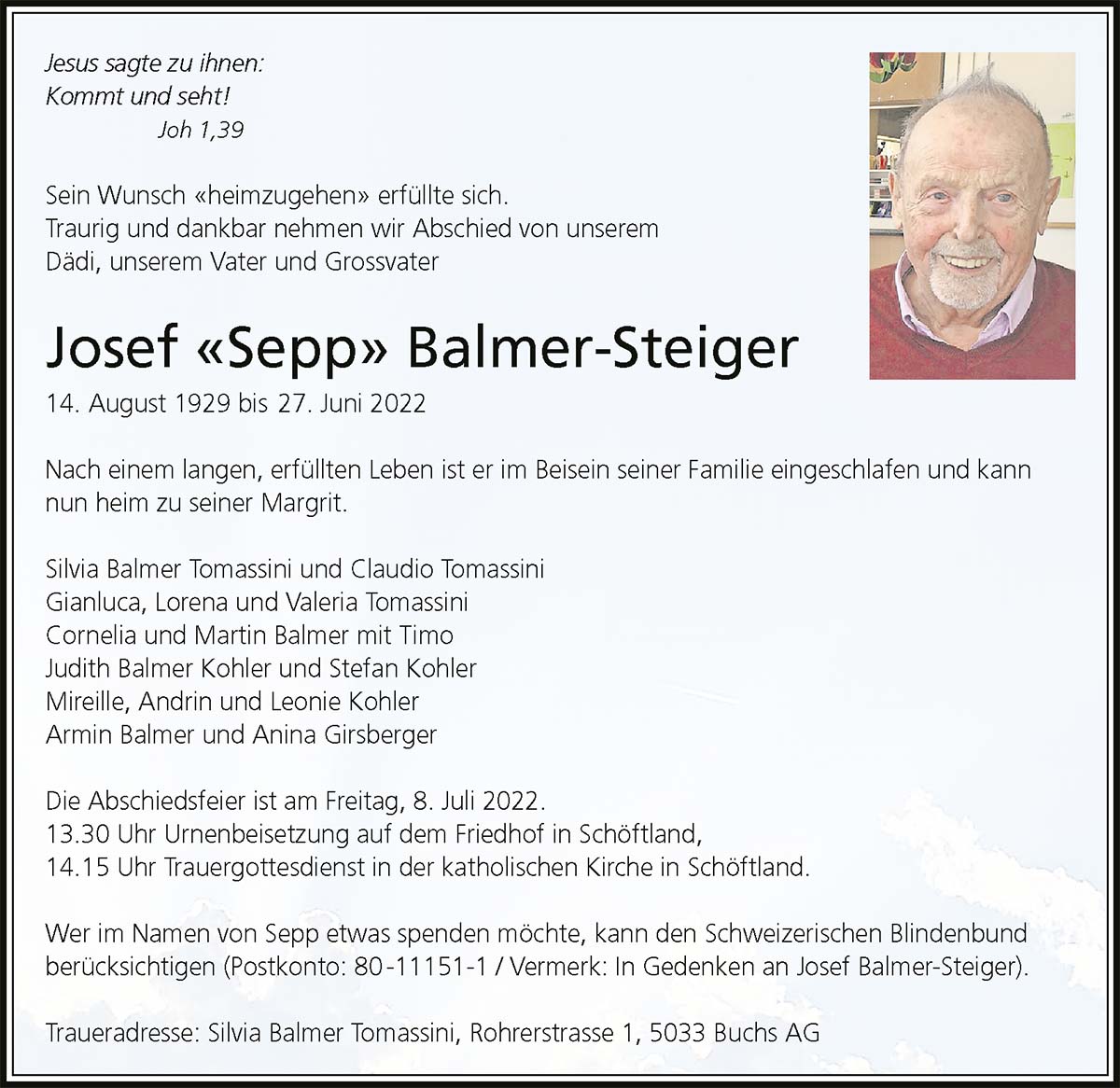 Todesanzeige Josef Balmer-Steiger 1929 | Der Landanzeiger