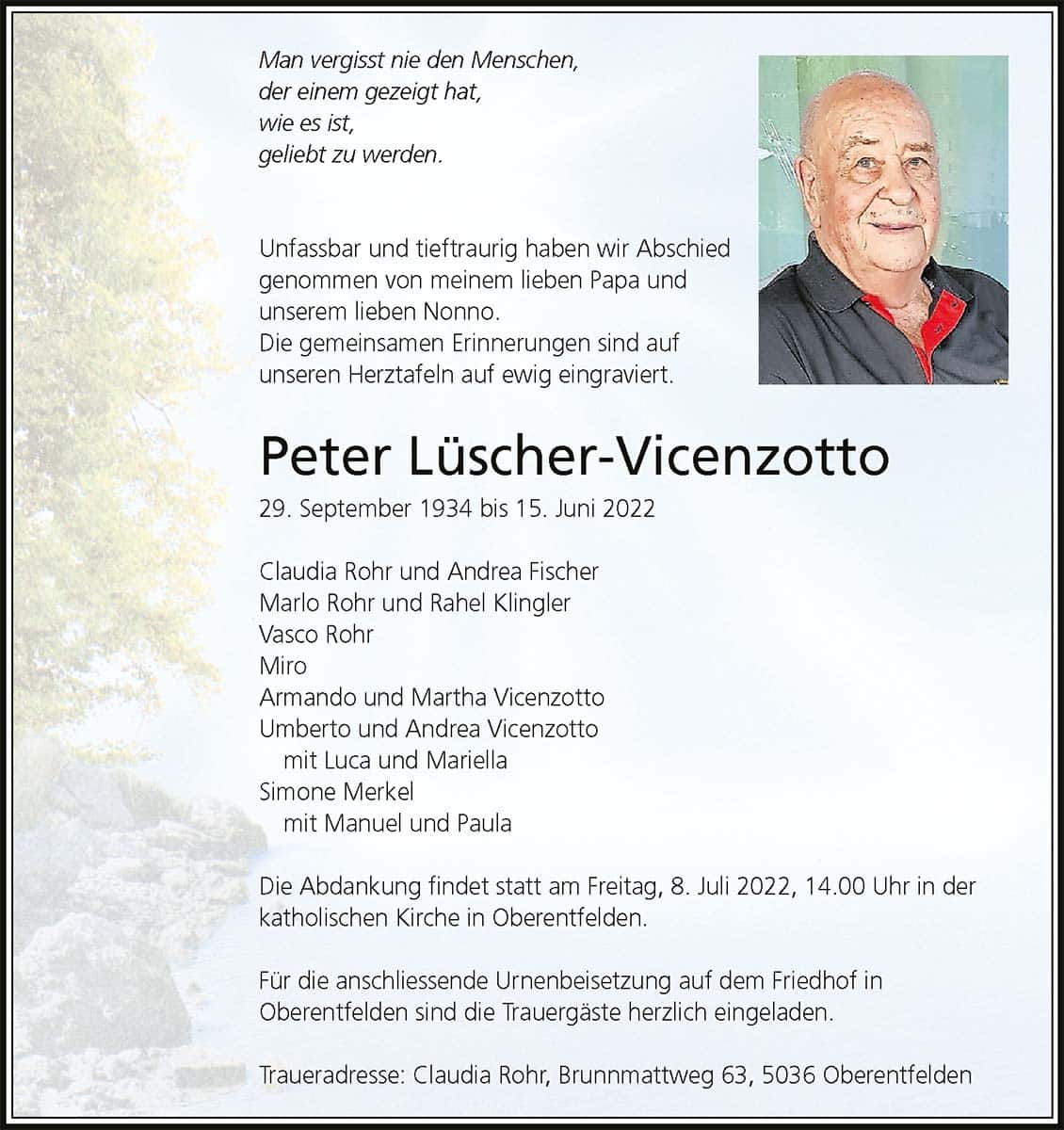 Todesanzeige Peter Lüscher-Vicenzotto 1934 | Der Landanzeiger