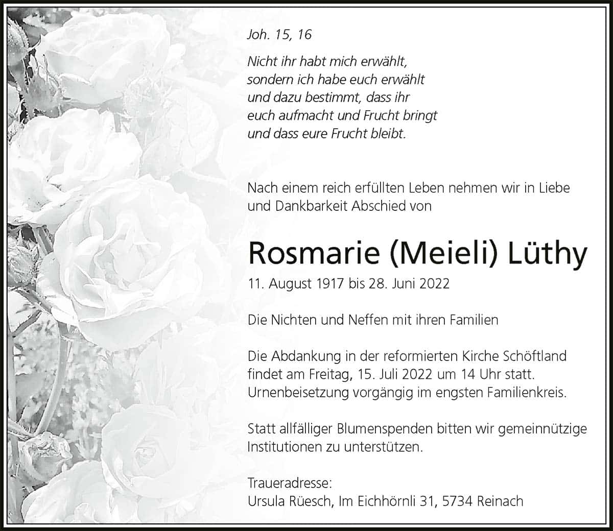 Todesanzeige Rosmarie Lüthy 1917 | Der Landanzeiger