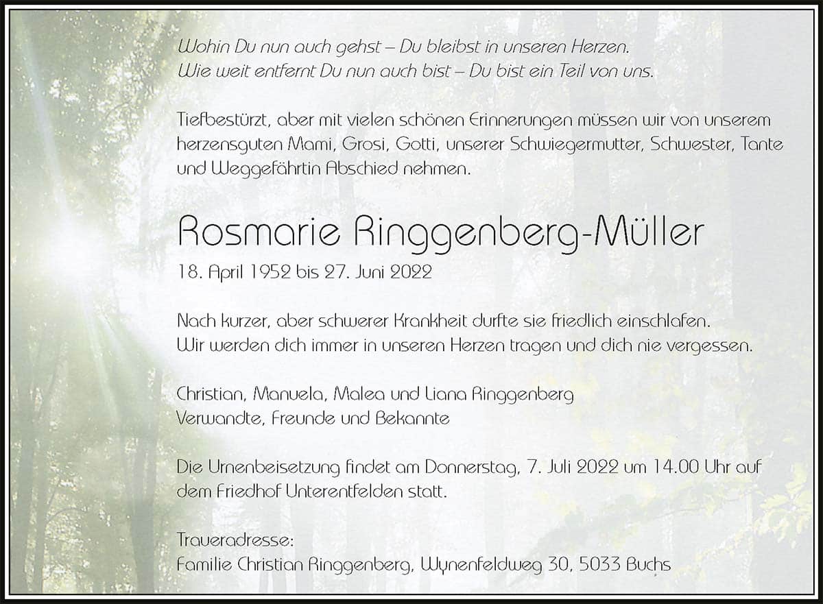 Todesanzeige Rosmarie Ringgenberg-Müller 1952 | Der Landanzeiger