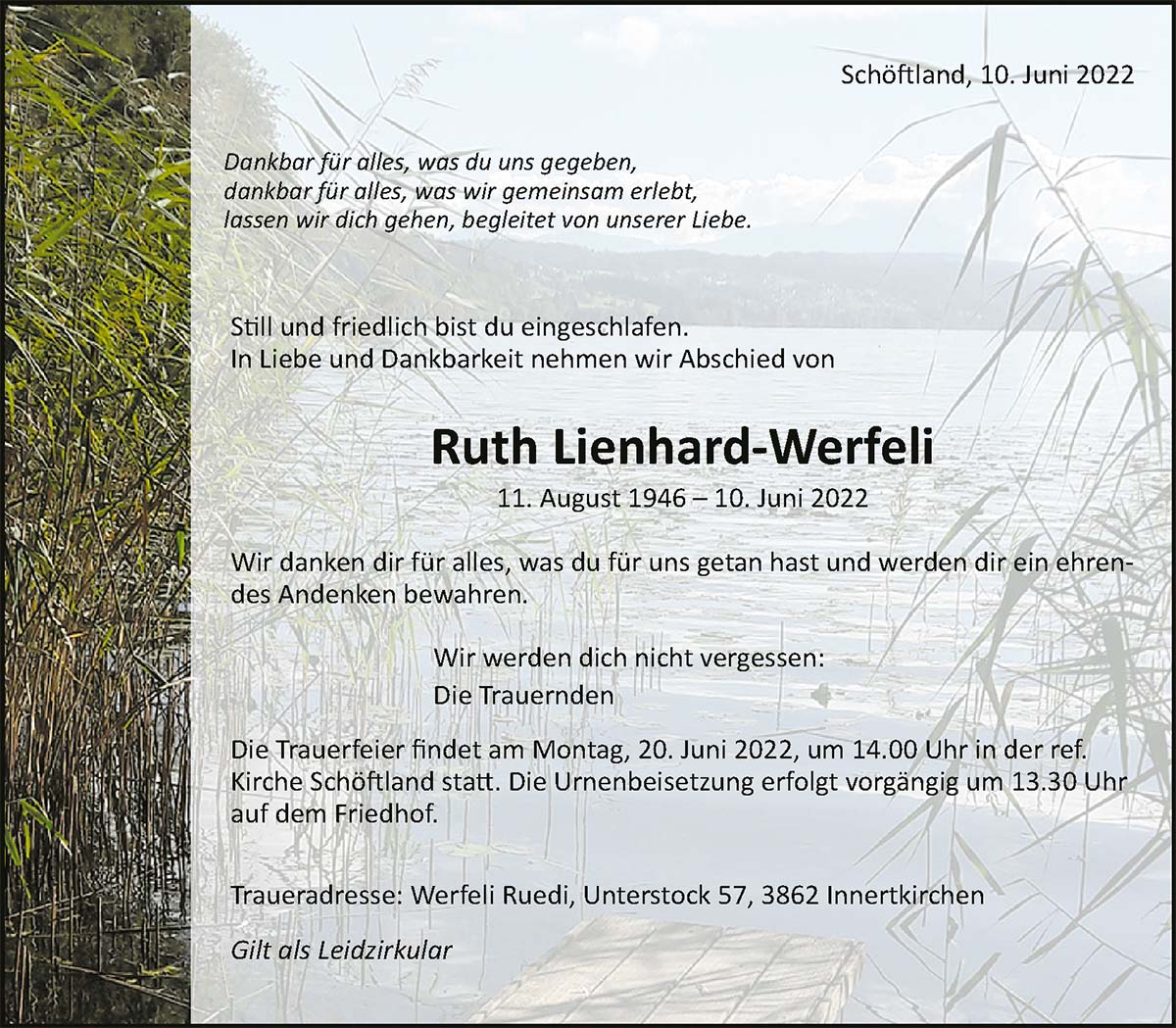 Todesanzeige Ruth Lienhard-Werfeli 1946 | Der Landanzeiger