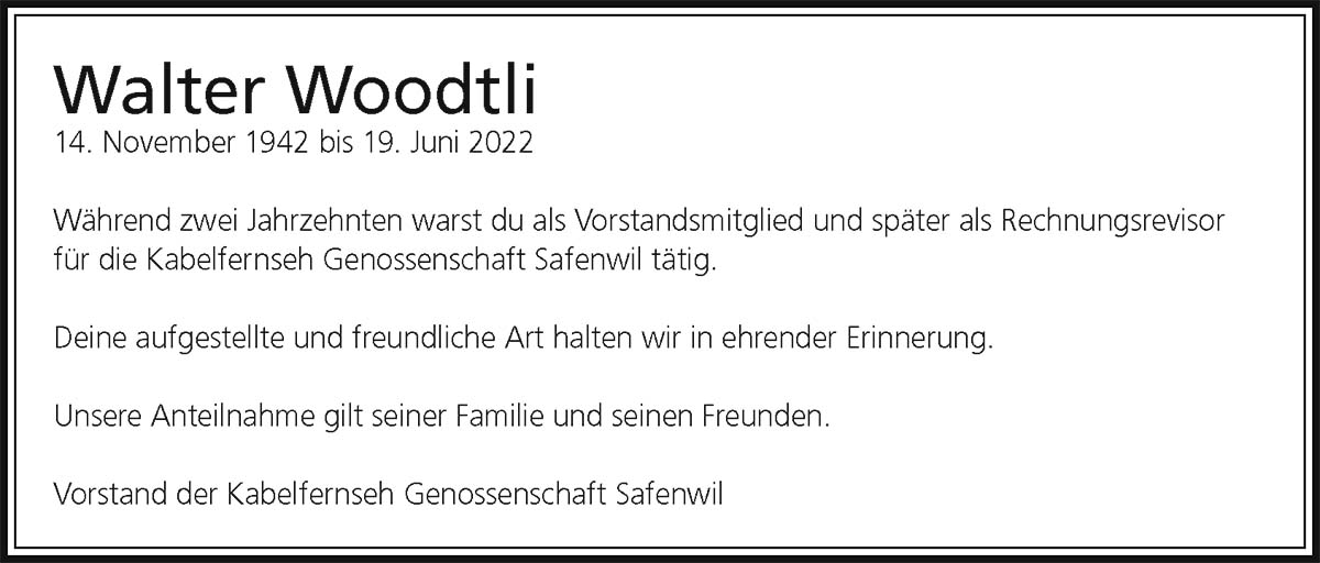 Todesanzeige Walter Woodtli 1942 | Der Landanzeiger