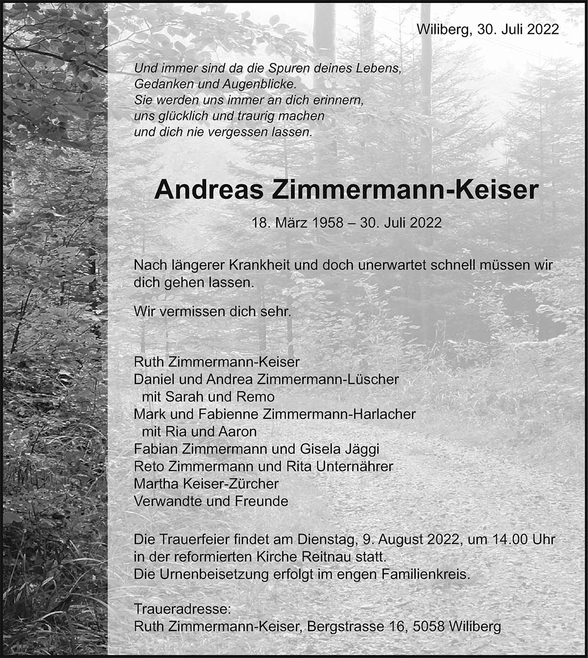 Todesanzeige Andreas Zimmermann-Keiser 1958 | Der Landanzeiger