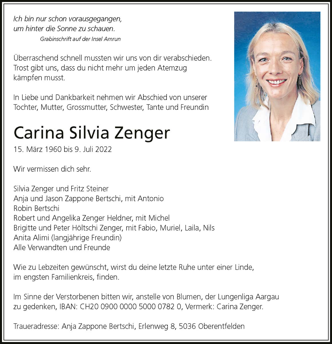 Todesanzeige Carina Silvia Zenger 1960 | Der Landanzeiger