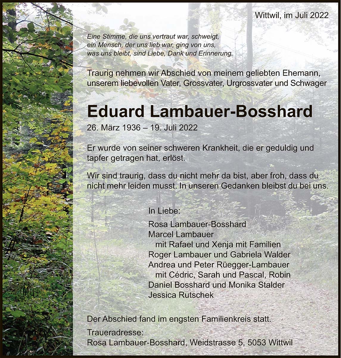 Todesanzeige Eduard Lambauer-Bosshard 1936 | Der Landanzeiger