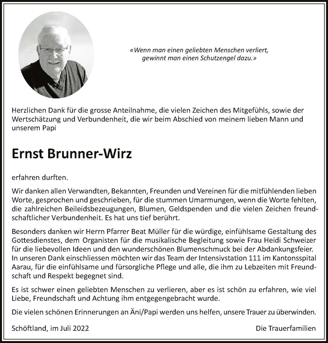 Todesanzeige Ernst Brunner-Wirz | Der Landanzeiger