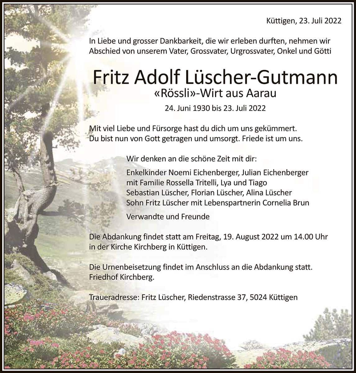 Todesanzeige Fritz Adolf Lüscher-Gutmann 1930 | Der Landanzeiger