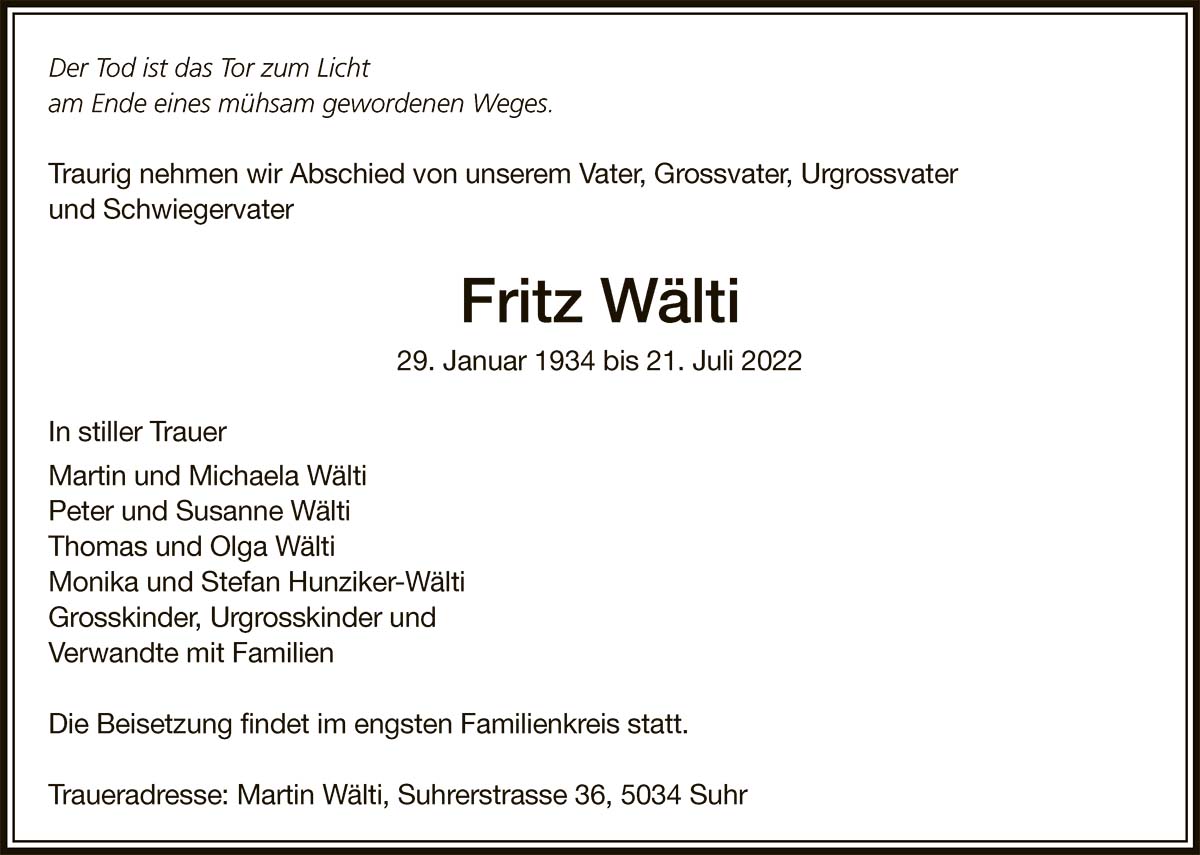 Todesanzeige Fritz Waelti 1934 | Der Landanzeiger