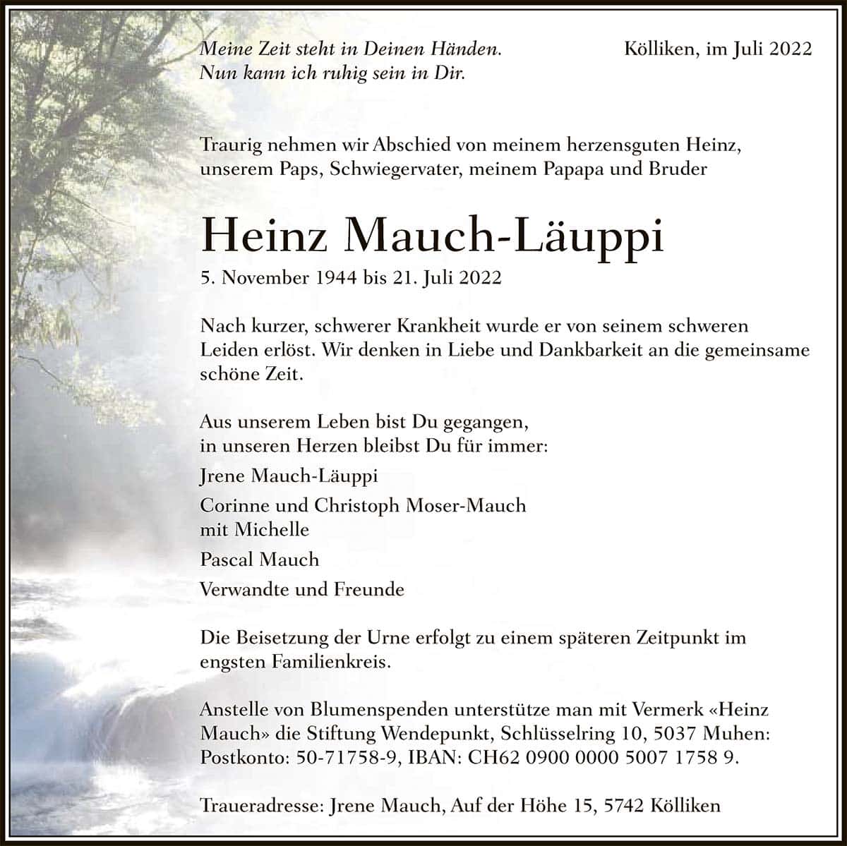 Todesanzeige Heinz Mauch-Läuppi 1944 | Der Landanzeiger