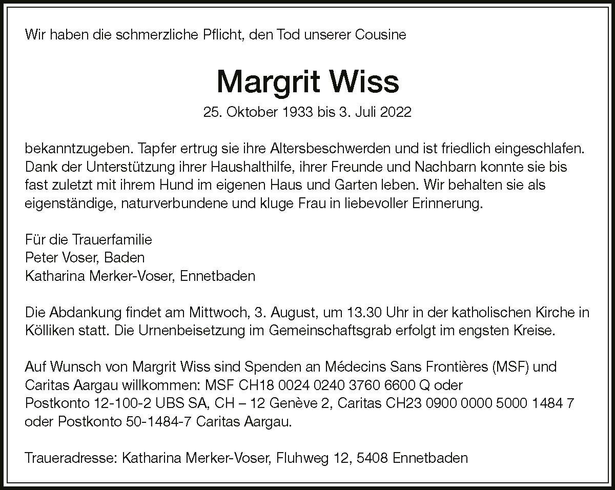 Todesanzeige Margrit Wiss 1933 | Der Landanzeiger