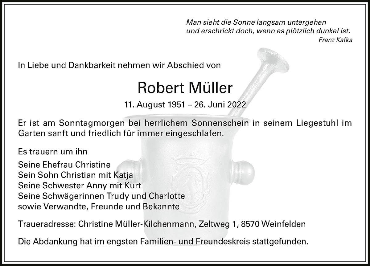 Todesanzeige Robert Müller 1951 | Der Landanzeiger