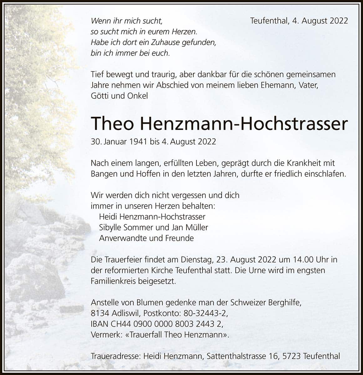 Todesanzeige Theo Henzmann-Hochstrasser 1941 | Der Landanzeiger