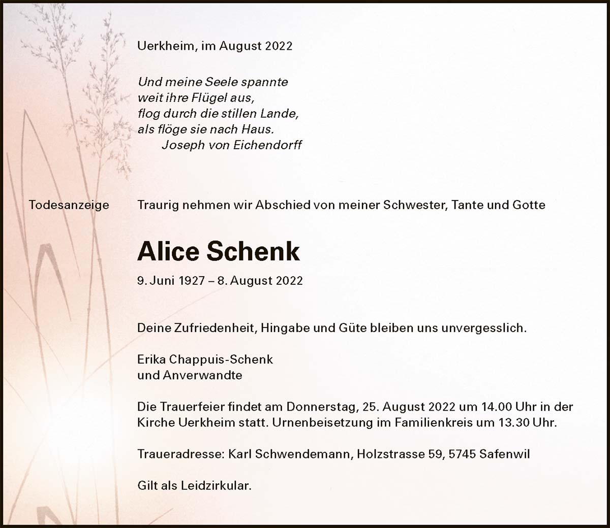 Todesanzeige Alice Schenk 1927 | Der Landanzeiger