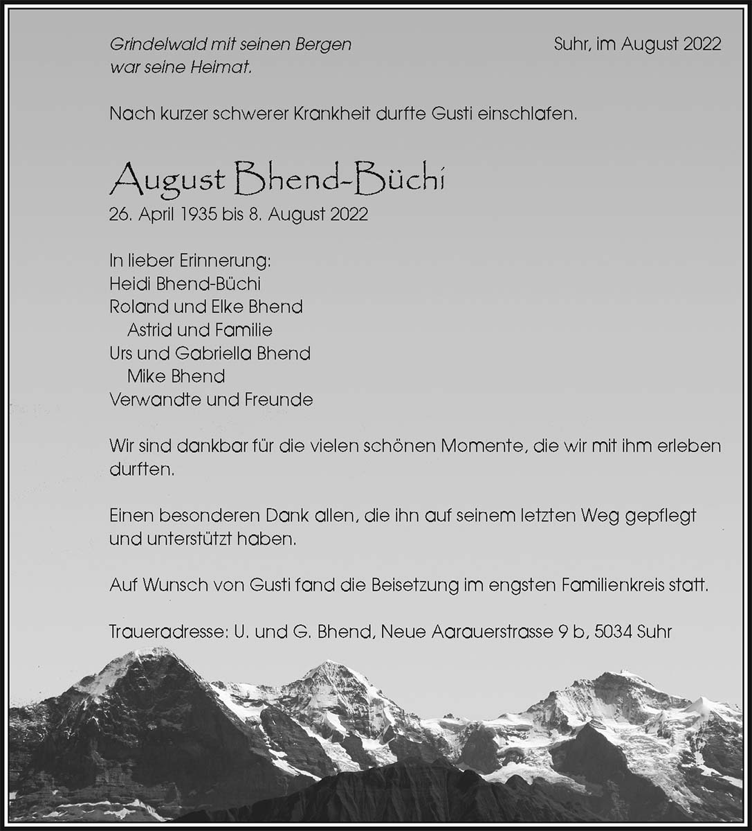 Todesanzeige August Bhend-Büchi 1935 | Der Landanzeiger