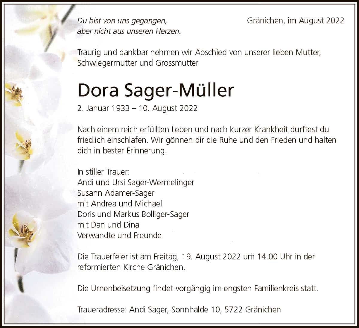 Todesanzeige Dora Sager-Müller 1933 | Der Landanzeiger