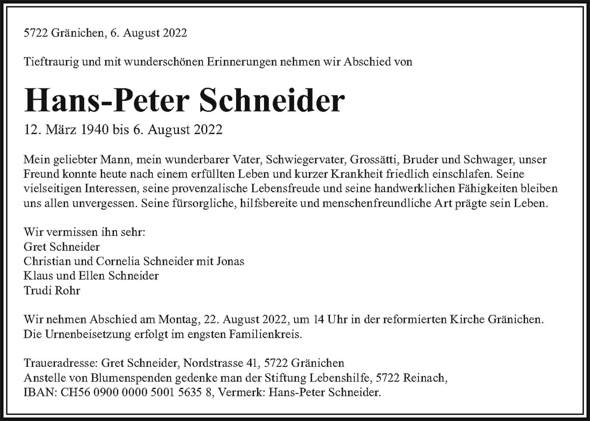 Todesanzeige Hans-Peter Schneider 1940 | Der Landanzeiger