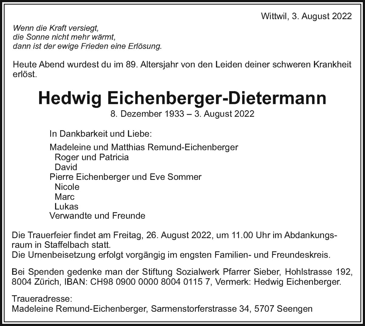 Todesanzeige Hedwig Eichenberger-Dietermann 1933 | Der Landanzeiger