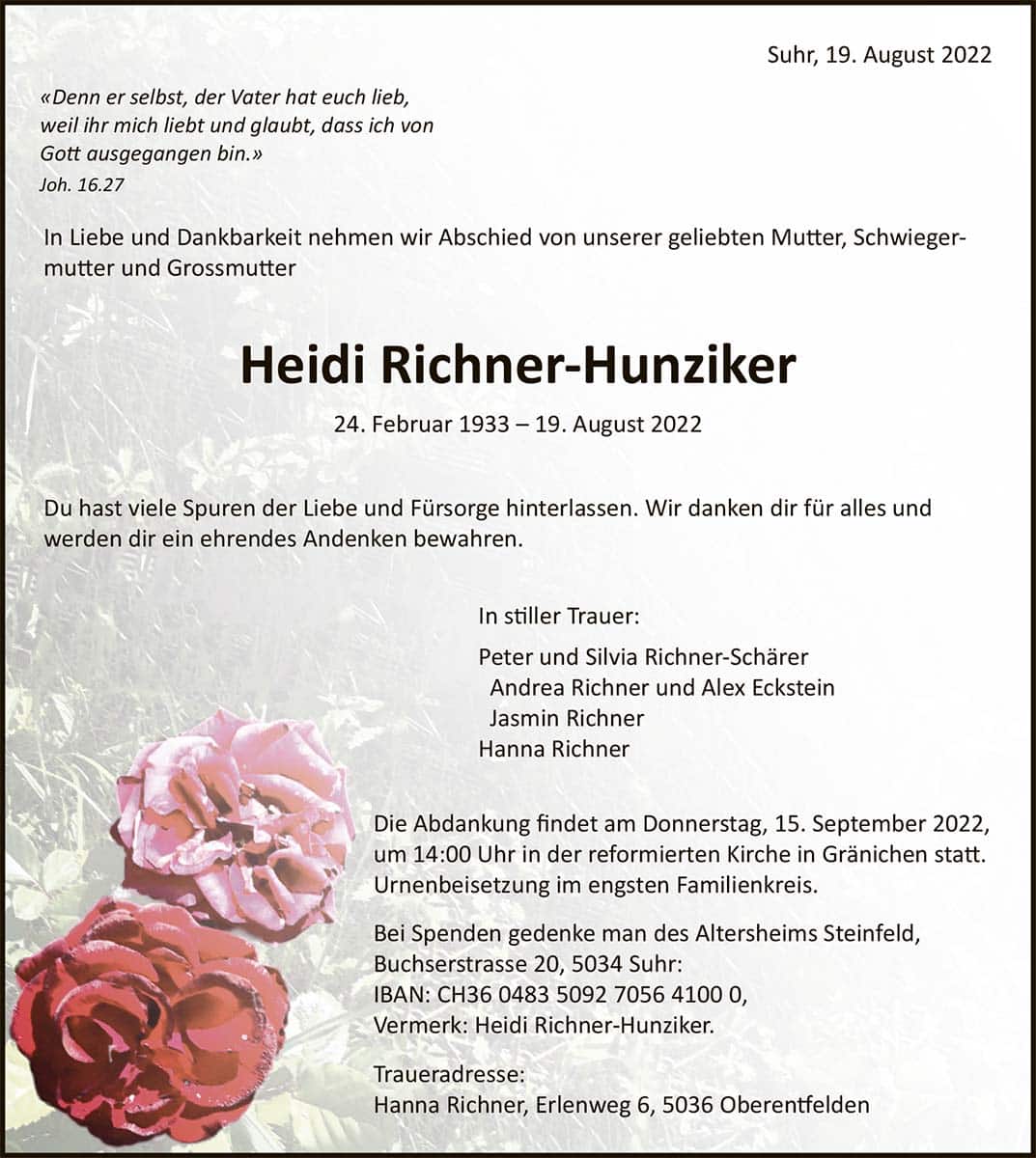 Todesanzeige Heidi Richner-Hunziker 1933 | Der Landanzeiger