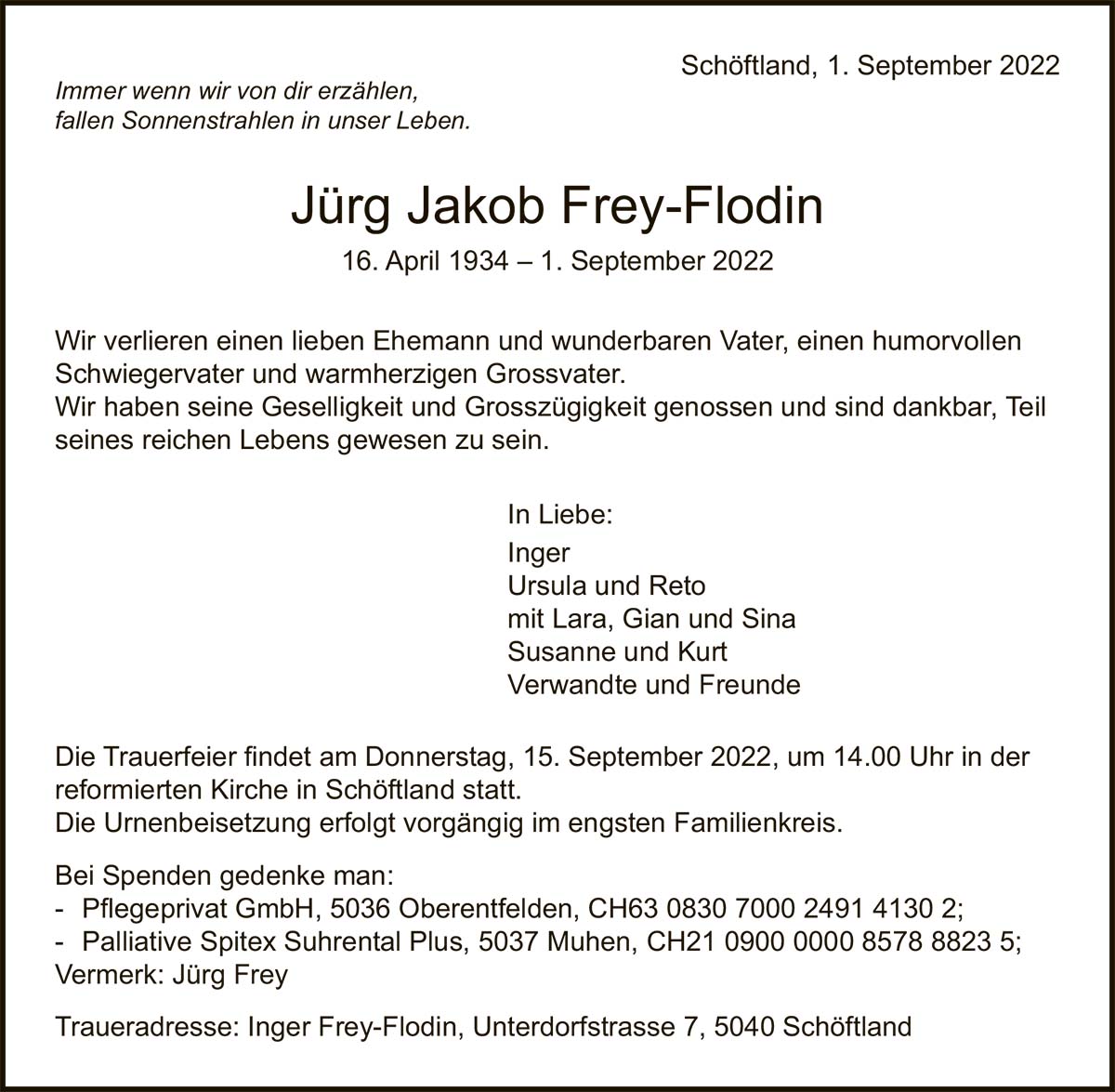 Todesanzeige Jürg Jakob Frey-Flodin 1934 | Der Landanzeiger