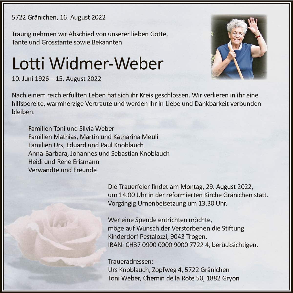 Todesanzeige Lotti Widmer-Weber 1926 | Der Landanzeiger