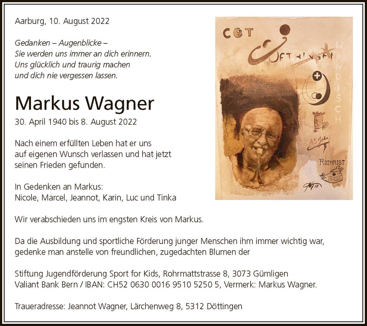 Todesanzeige Markus Wagner 1940 | Der Landanzeiger