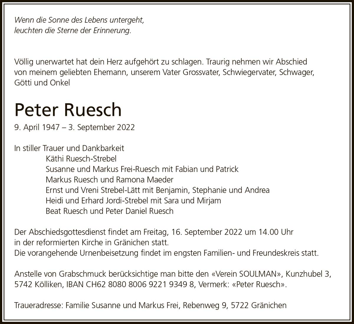 Todesanzeige Peter Ruesch 1947 | Der Landanzeiger