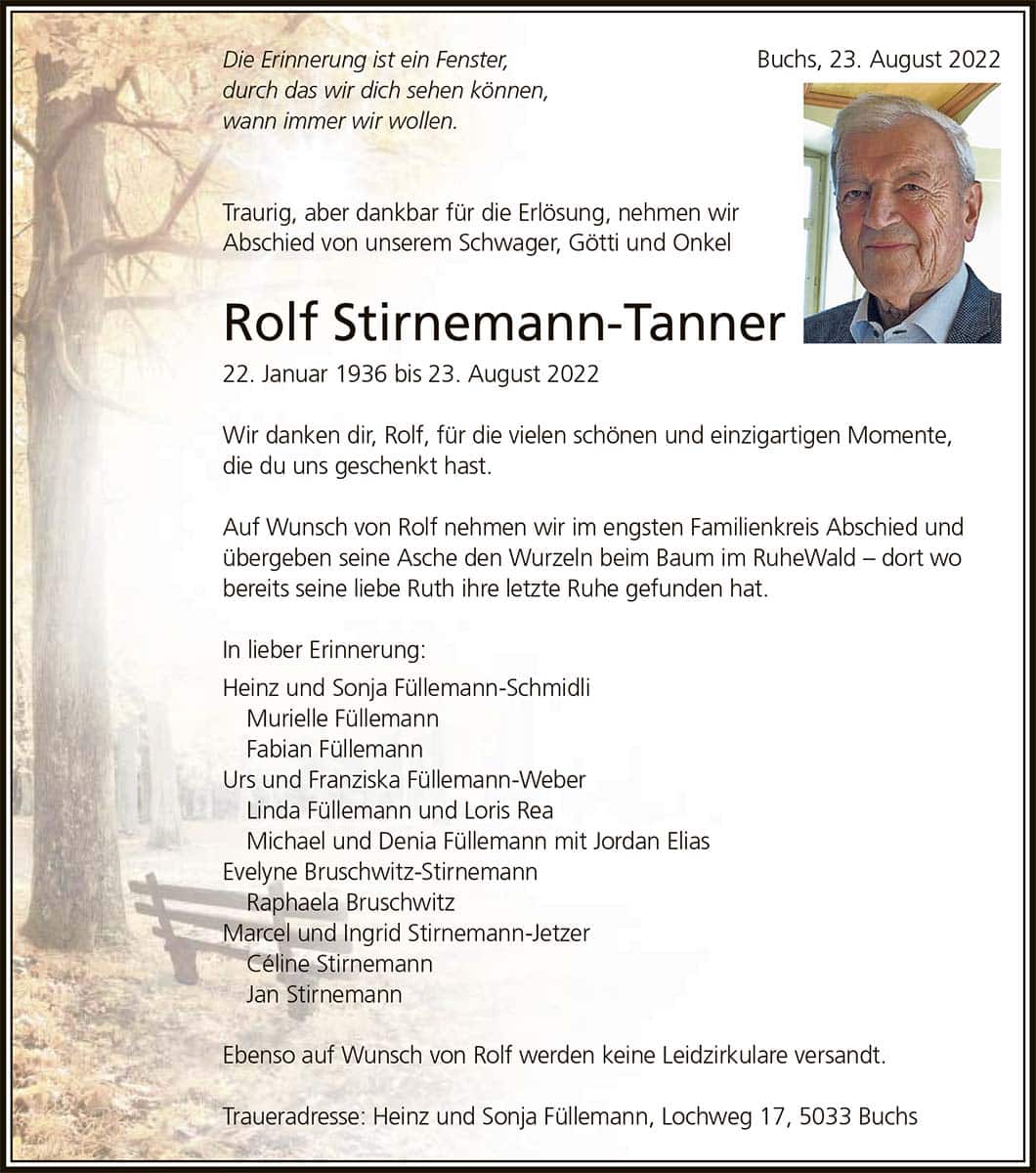 Todesanzeige Rolf Stirnemann-Tanner 1936 | Der Landanzeiger