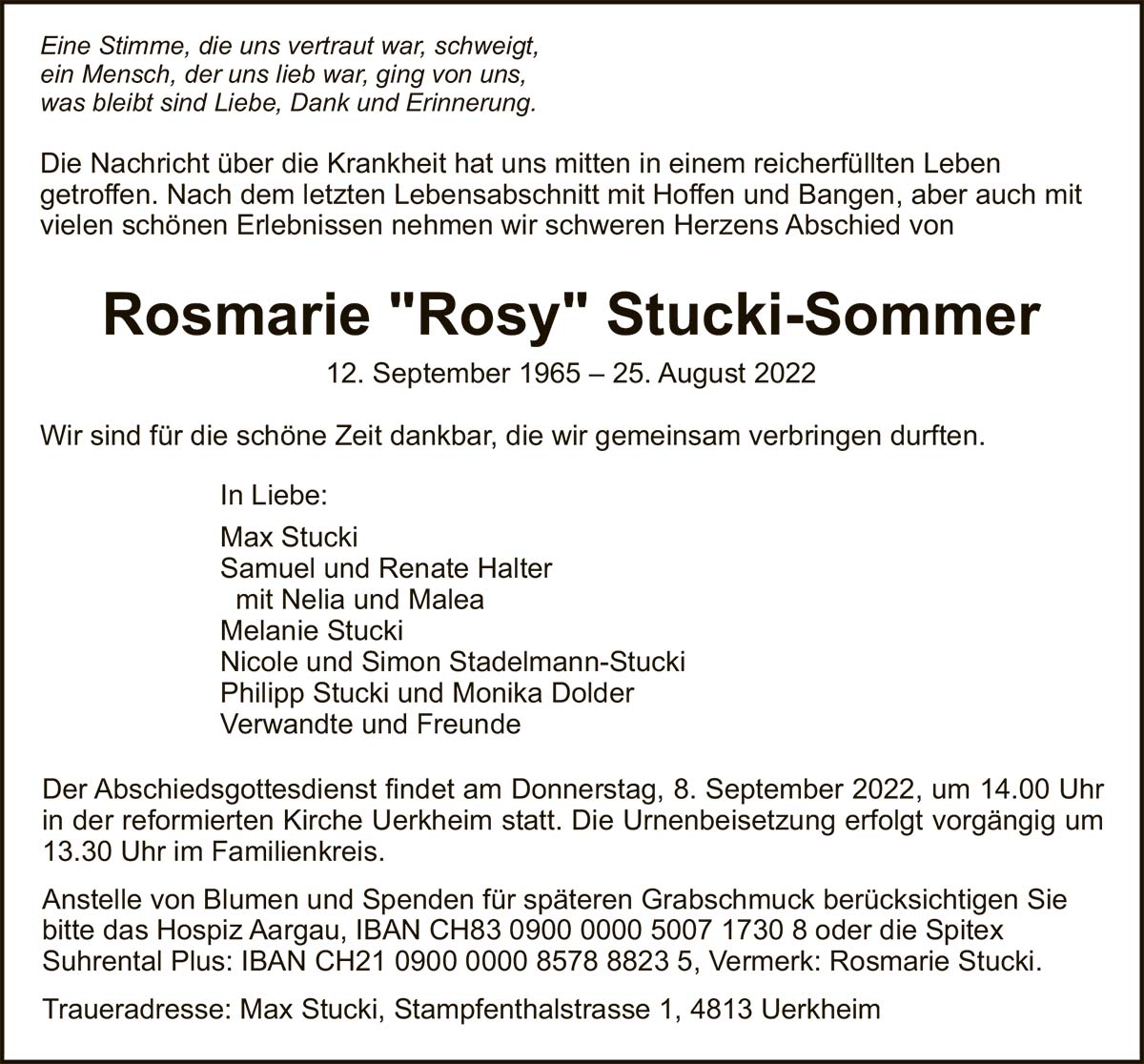 Todesanzeige Rosmarie «Rosy» Stucki-Sommer 1965 | Der Landanzeiger