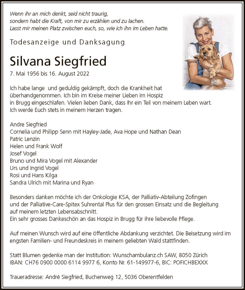 Todesanzeige Silvana Siegfried 1956 | Der Landanzeiger