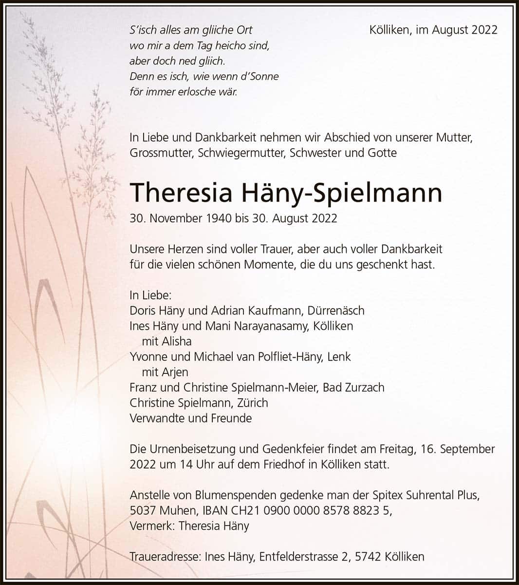 Todesanzeige Theresia Häny-Spielmann 1940 | Der Landanzeiger