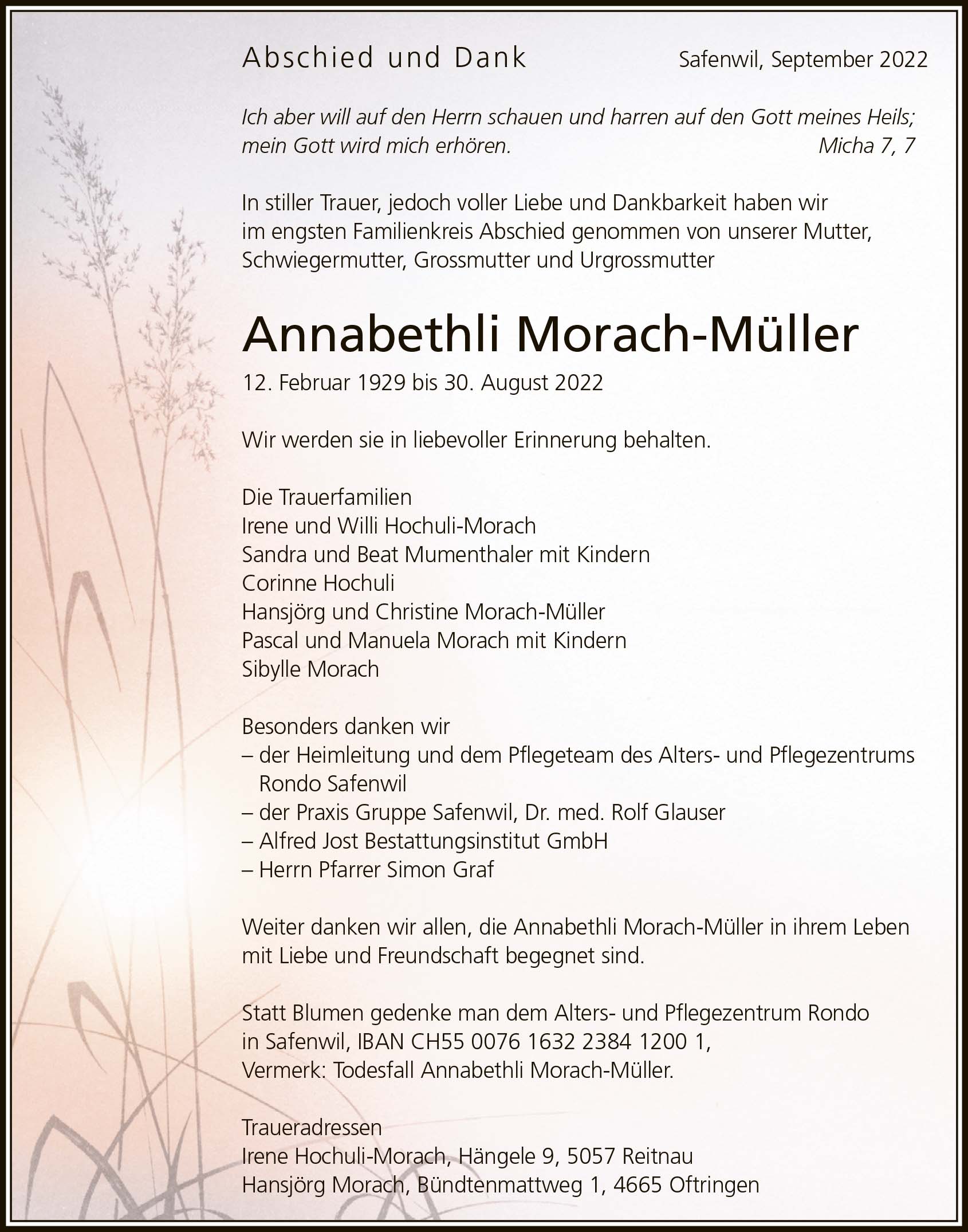 Todesanzeige Annabethli Morach-Mueller 1929 | Der Landanzeiger