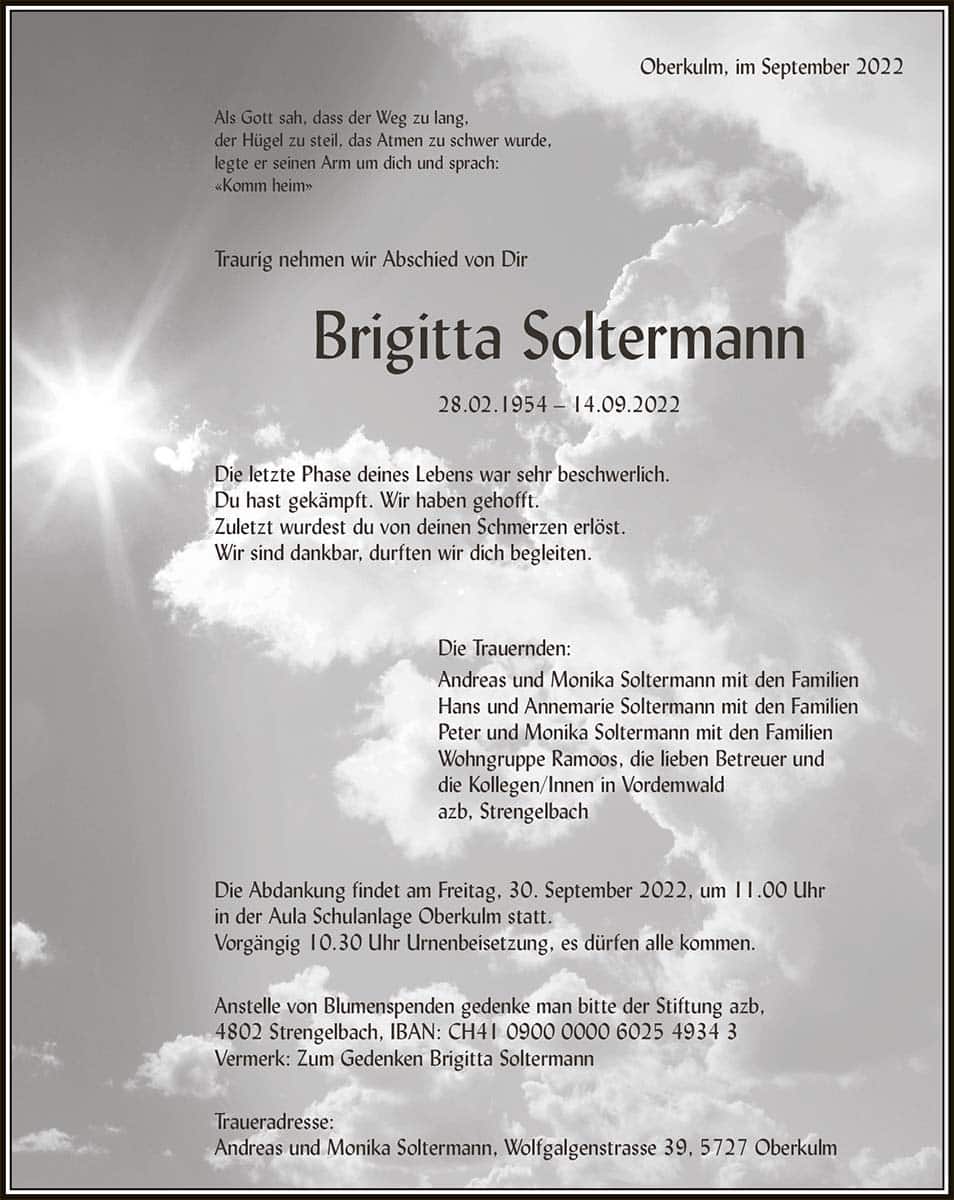 Todesanzeige Brigitta Soltermann 1954 | Der Landanzeiger