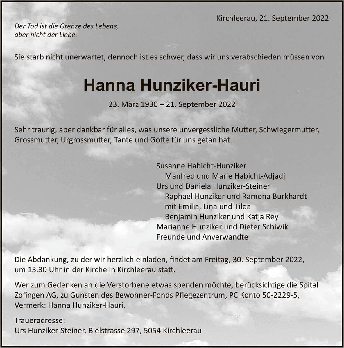 Todesanzeige Hanna Hunziker-Hauri 1930 | Der Landanzeiger