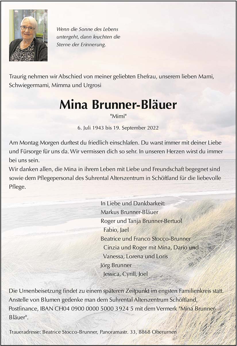 Todesanzeige Mina Brunner-Bläuer 1943 | Der Landanzeiger