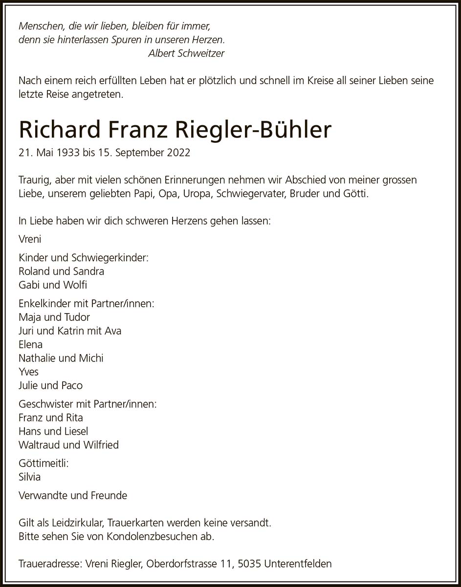 Todesanzeige Richard Franz Riegler-Bühler 1933 | Der Landanzeiger