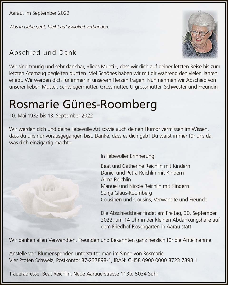 Todesanzeige Rosmarie Günes-Roomberg 1932 | Der Landanzeiger