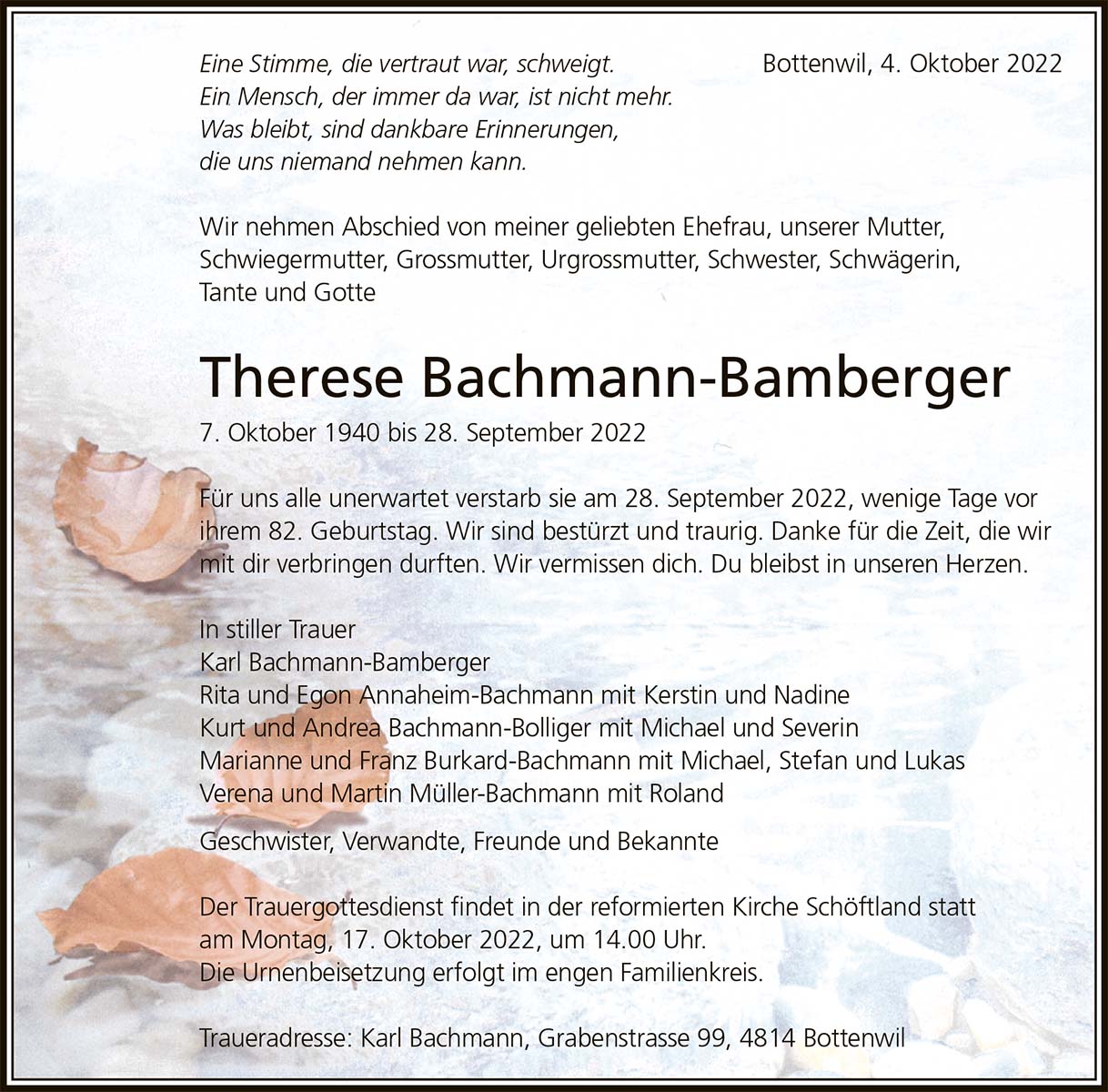 Todesanzeige Therese Bachmann-Baumberger 1940 | Der Landanzeiger