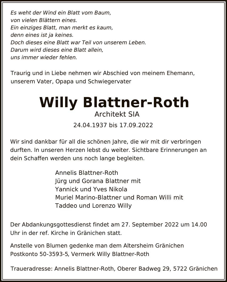 Todesanzeige Willy Battner-Roth 1937 | Der Landanzeiger