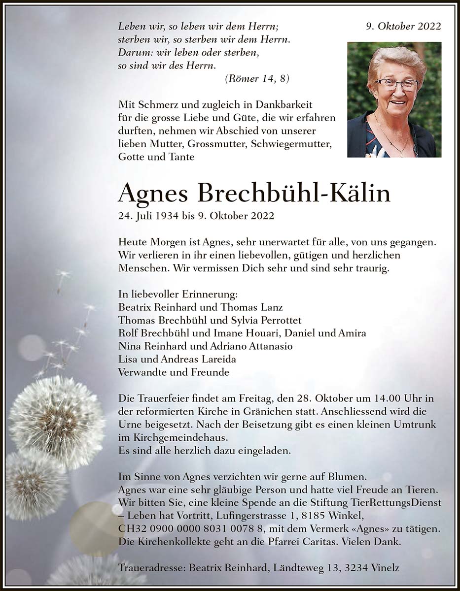 Todesanzeige Agnes Brechbühl-Kälin 1934 | Der Landanzeiger