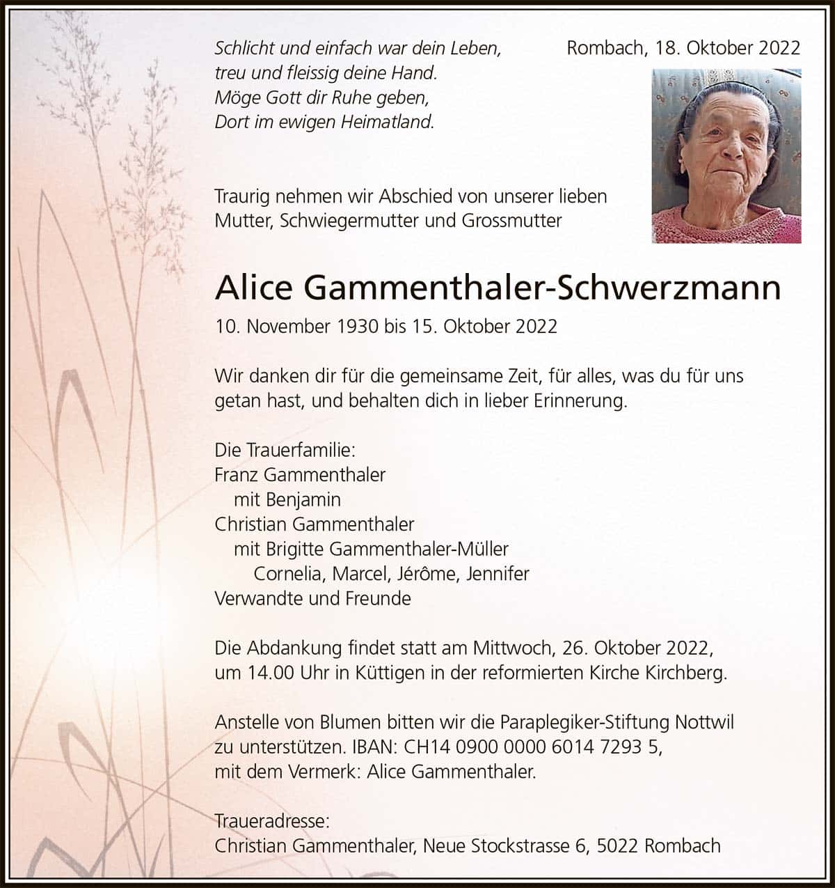 Todesanzeige Alice Gammenthaler-Schwerzmann 1930 | Der Landanzeiger