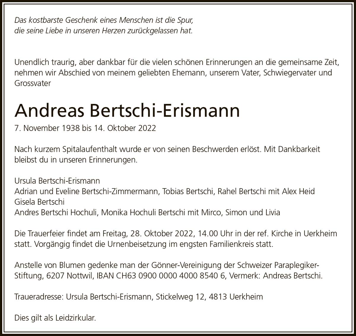 Todesanzeige Andreas Bertschi-Erismann 1938 | Der Landanzeiger